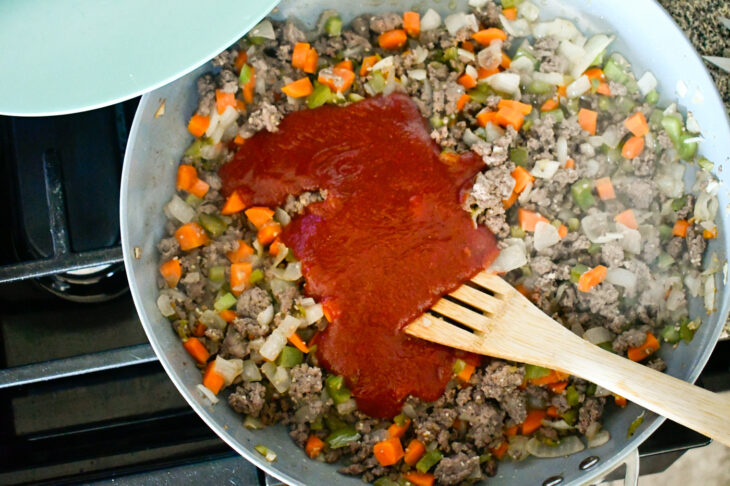 Homemade sloppy joe sauce mixed with ground beef and vegetables