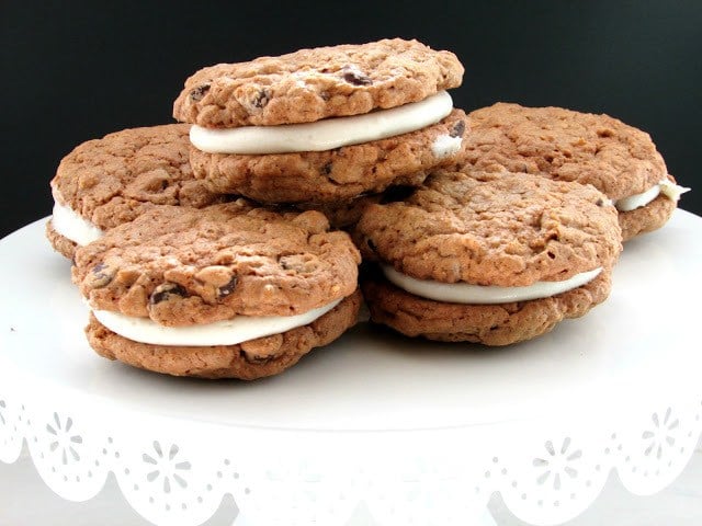 gluten free oatmeal creme pies on a cake plate 