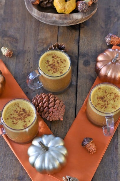Dairy Free Pumpkin Spice Latte in mugs on a table