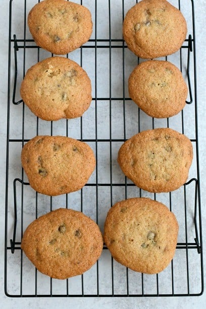 Gluten free chocolate chip cookies on a cooling rack 