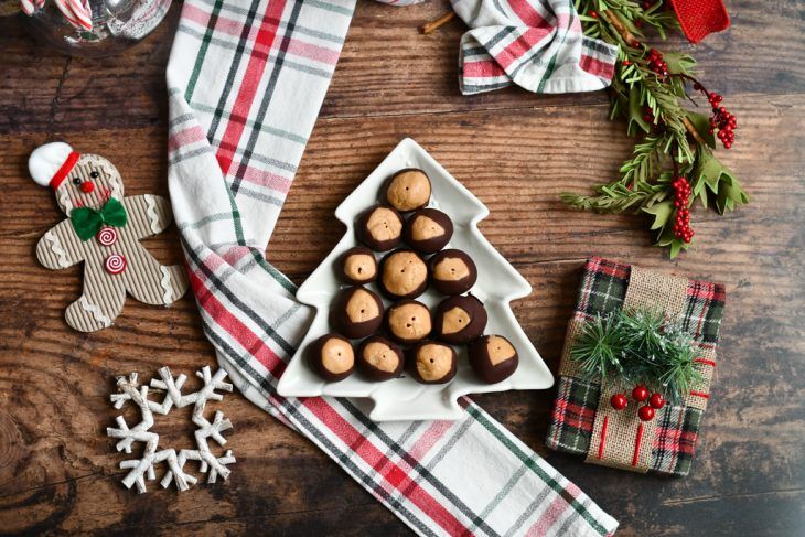 buckeye candy on a plate with christmas decor