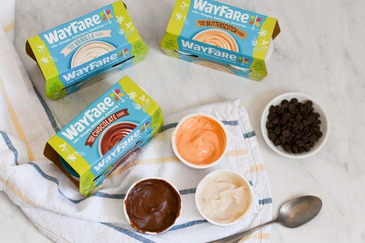 dairy free wayfare pudding on a table with the packaging