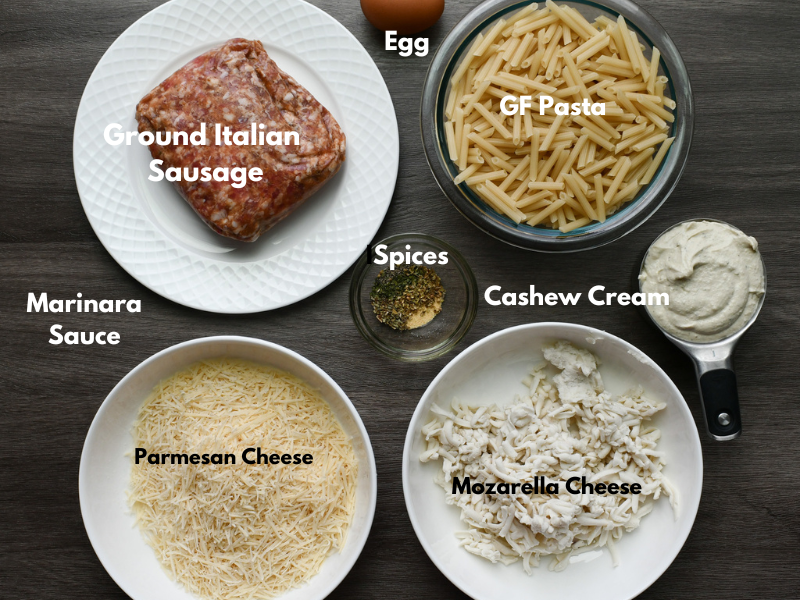All of the ingredients needed for to make a gluten free pasta bake