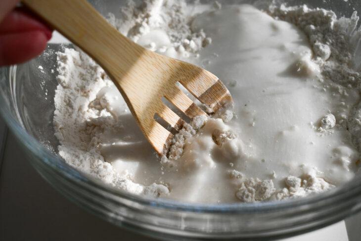 gluten free drop biscuits Add the coconut milk and cider vinegar and blend with a spoon.