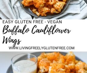 two images of plated buffalo cauliflower wings with text in between that spells out "Easy Gluten Free- Vegan Buffalo Cauliflower Wings"