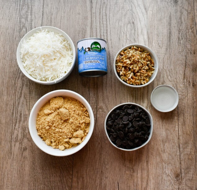 ingredients needed to make dairy free magic cookie bars with gluten free graham cracker crust