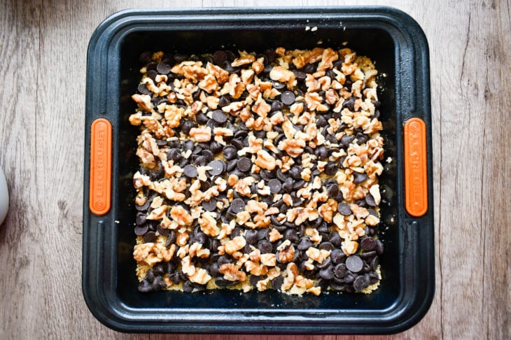 Add the walnuts and shredded coconut in an even layer.